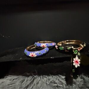 Floral Hoop Earrings - Blue and Black